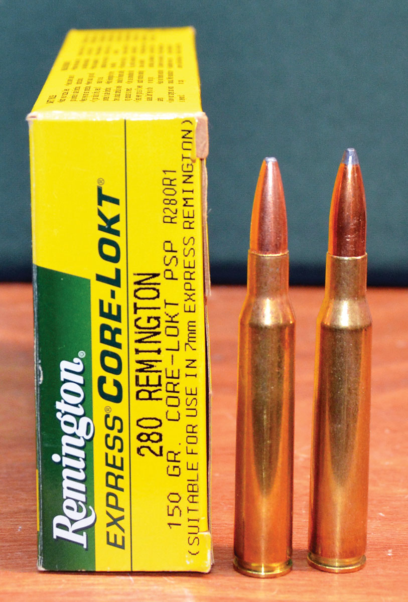 When Remington officials decided to offer a cartridge to compete with the 270 Winchester, the 7mm-06 was seriously considered and test rifles were chambered for it. To prevent the cartridge from being forced into the chamber of a rifle in 270 Winchester by a careless shooter, the shoulder of the case was moved forward .090 inch and the cartridge was introduced in 1957 as the 280 Remington. Cartridges are the 280 Remington (left) and the 7mm-06 (right).